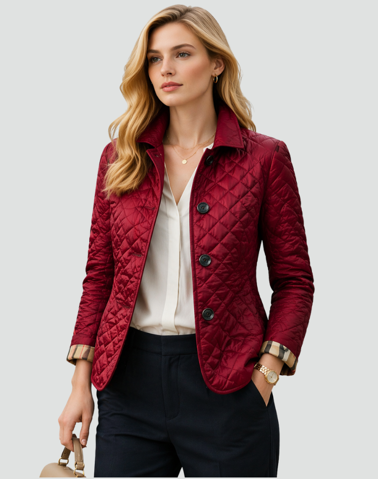 Women's fitted quilted jacket with a flat collar, button front and slip pockets - burgundy