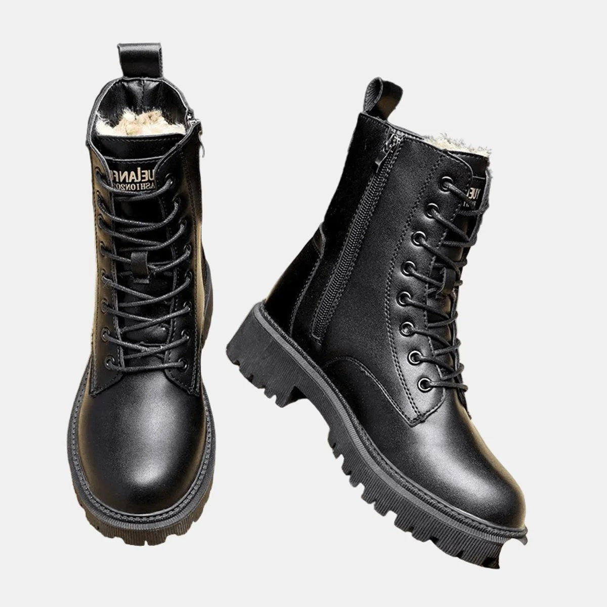 Women's fleece-lined combat boots with laces, a side zip and a lug sole - view 4