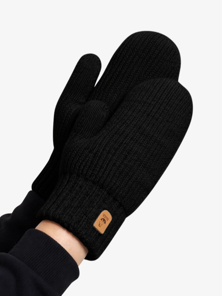 Women's knitted mittens with fleece lining and a long ribbed cuff - black