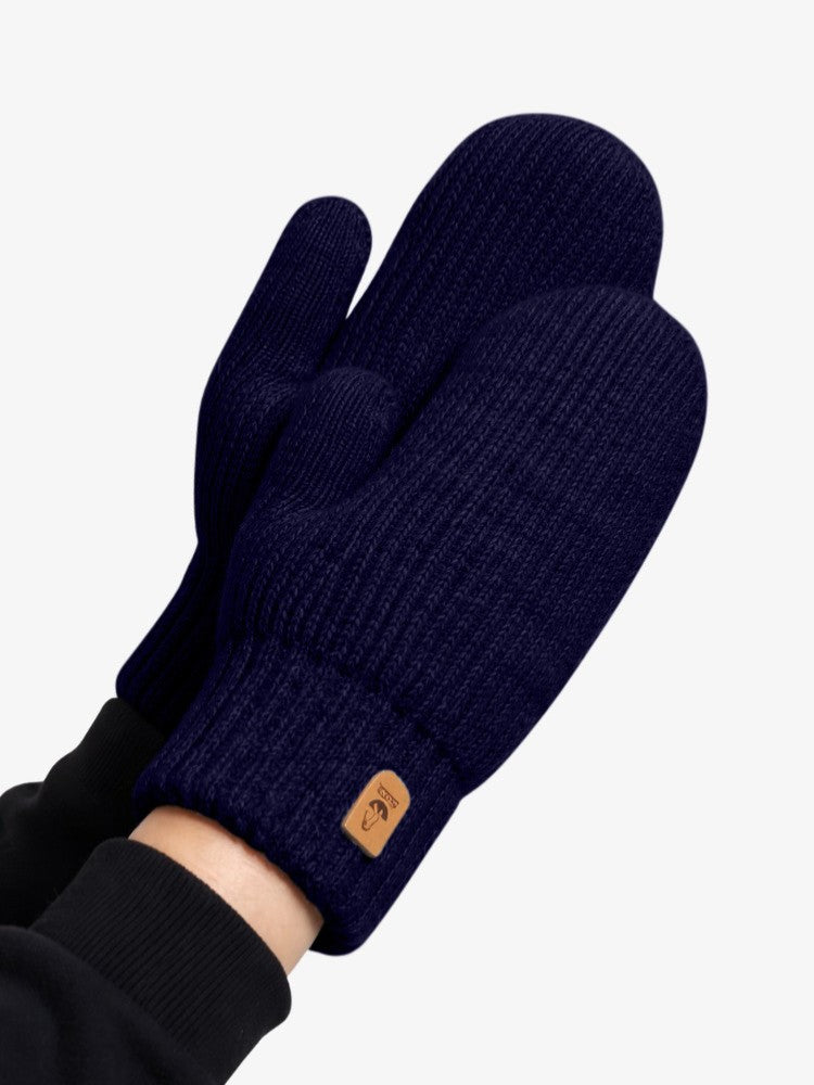 Women's knitted mittens with fleece lining and a long ribbed cuff - navy
