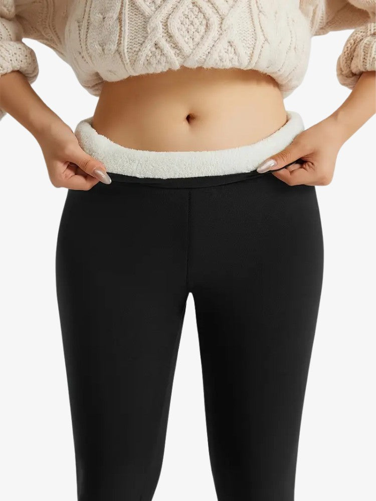 Women's fleece-lined leggings with teddy lining and a high waistband - black