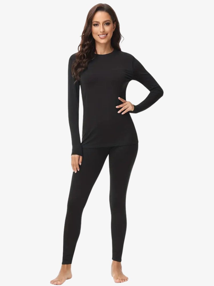 Women's fleece-lined thermal set with long-sleeve top and leggings - black