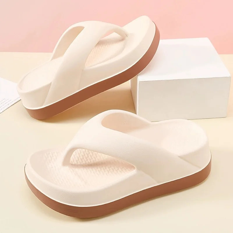 Flip flops with a wide strap, textured footbed and thick sole in a contrast colour - beige