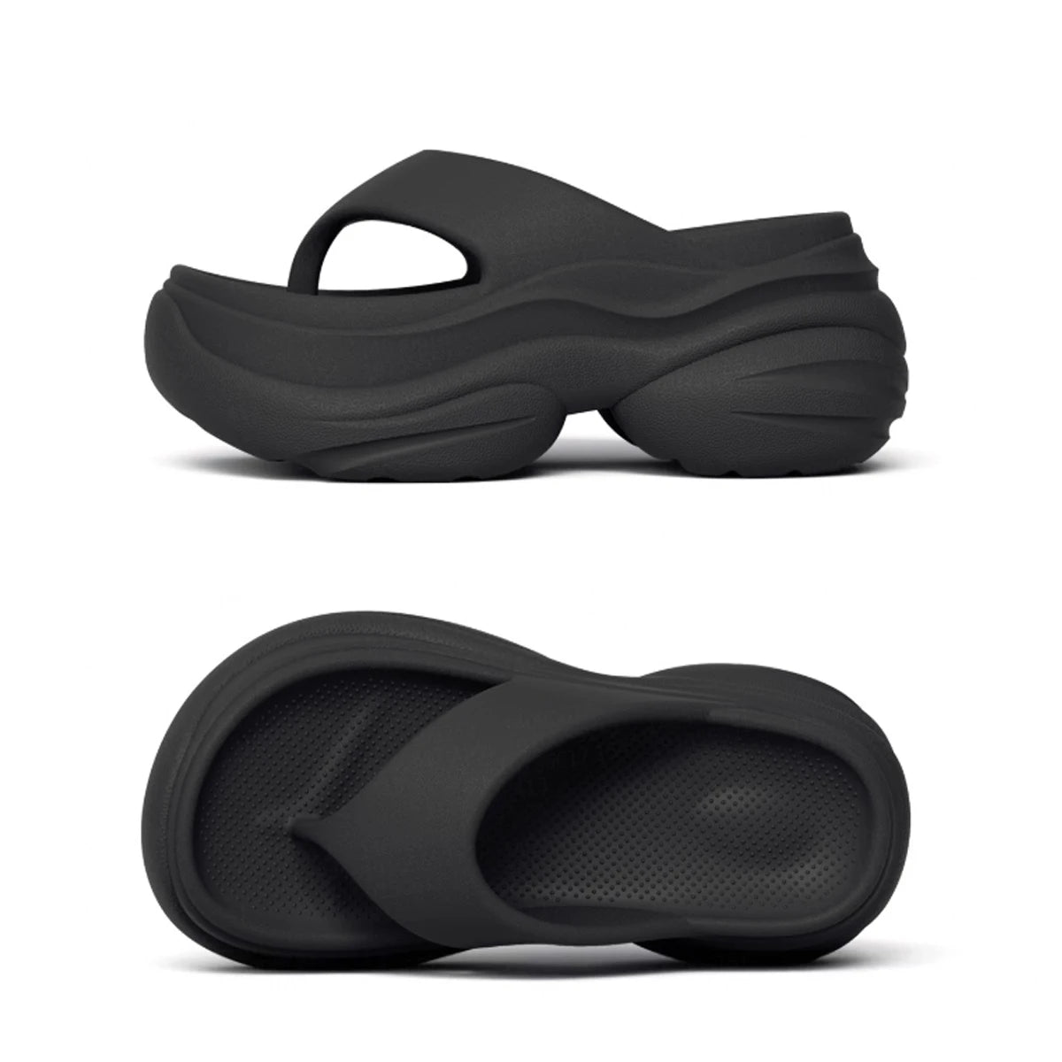Flip flops with a wavy platform sole and raised toe rim - view 3