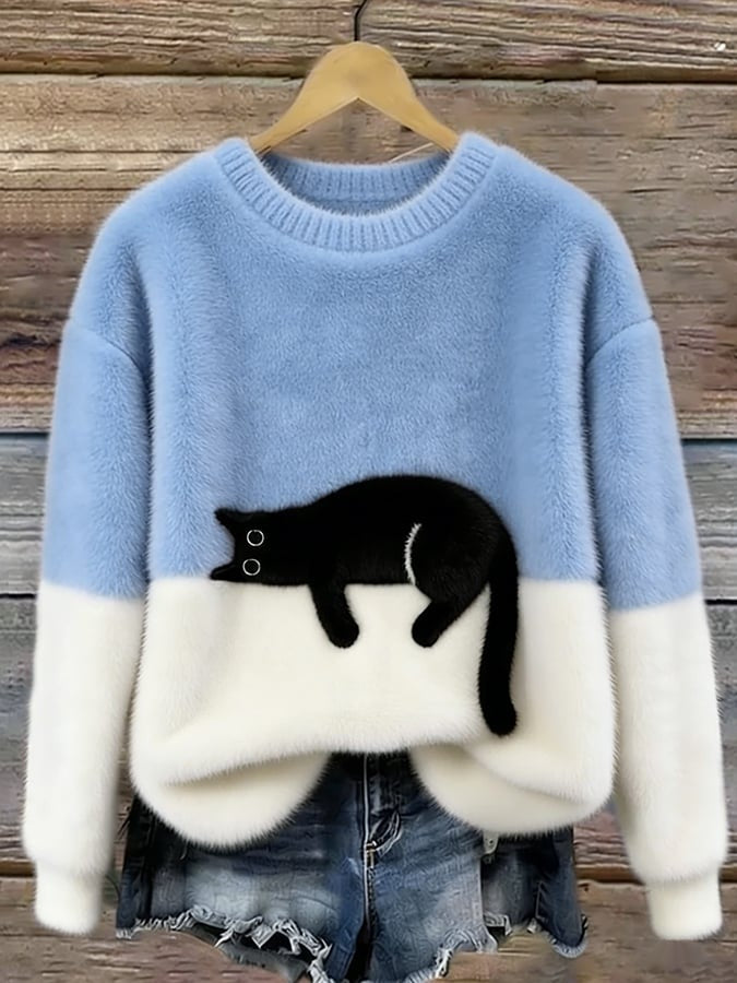 Women's fluffy jumper with a black cat print and a cream lower half - light blue