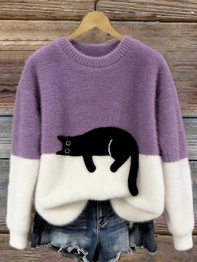 Women's fluffy jumper with a black cat print and a cream lower half - lilac