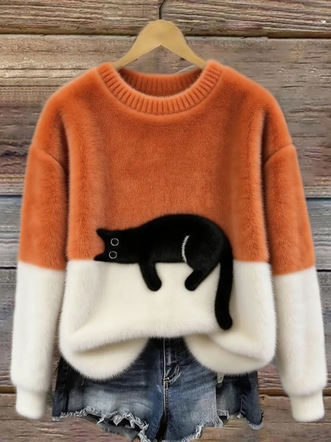Women's fluffy jumper with a black cat print and a cream lower half - orange
