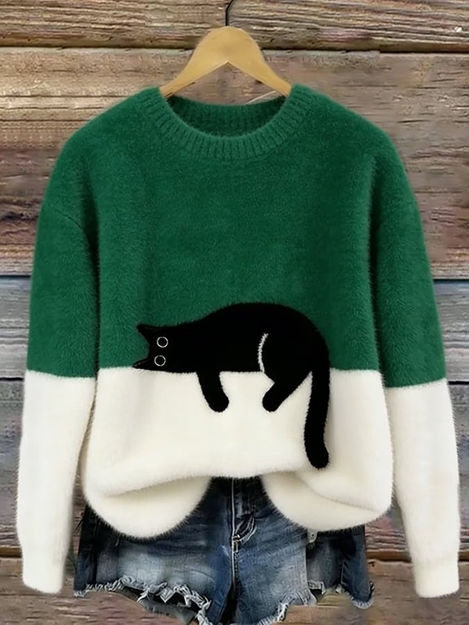 Women's fluffy jumper with a black cat print and a cream lower half - emerald green