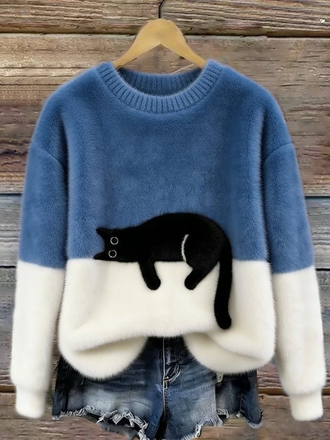 Women's fluffy jumper with a black cat print and a cream lower half - blue