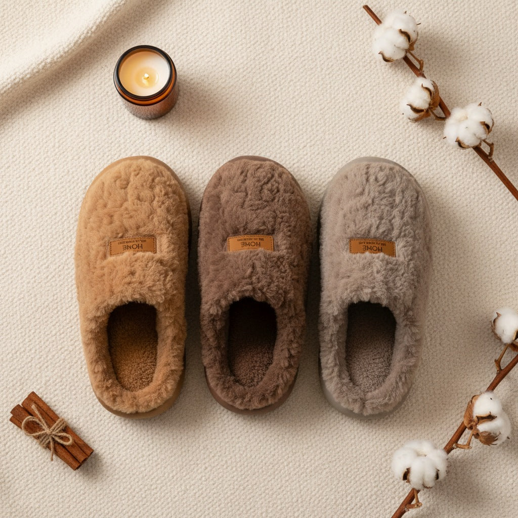 Fluffy slippers in curly plush with a label on the toe, open heel and thick wavy sole - view 11