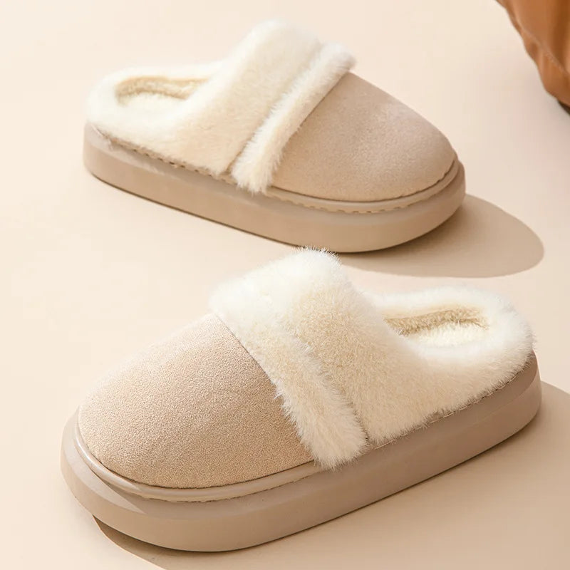 Fluffy mule slippers in a suede look with a wide plush band, open heel and thick sole - beige
