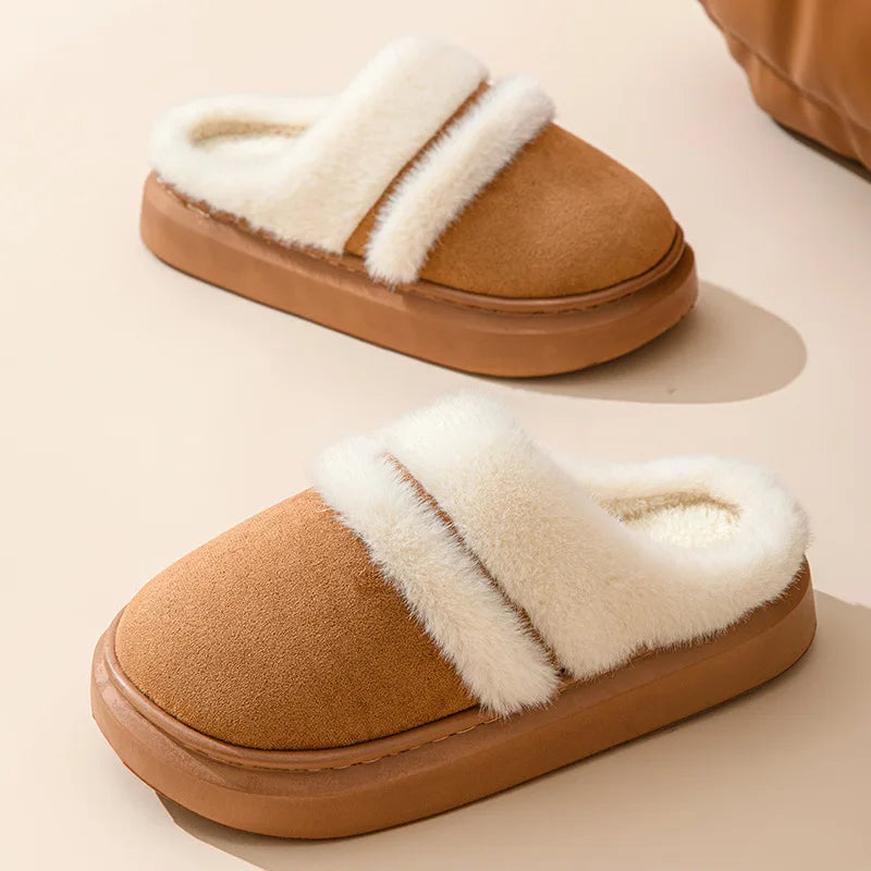 Fluffy mule slippers in a suede look with a wide plush band, open heel and thick sole - camel