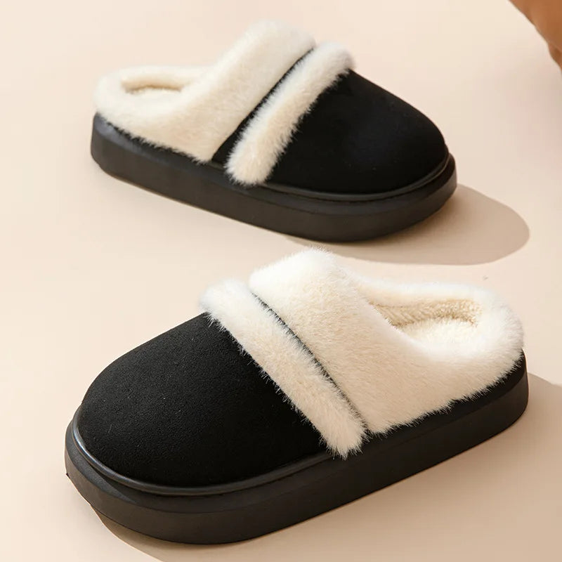 Fluffy mule slippers in a suede look with a wide plush band, open heel and thick sole - black