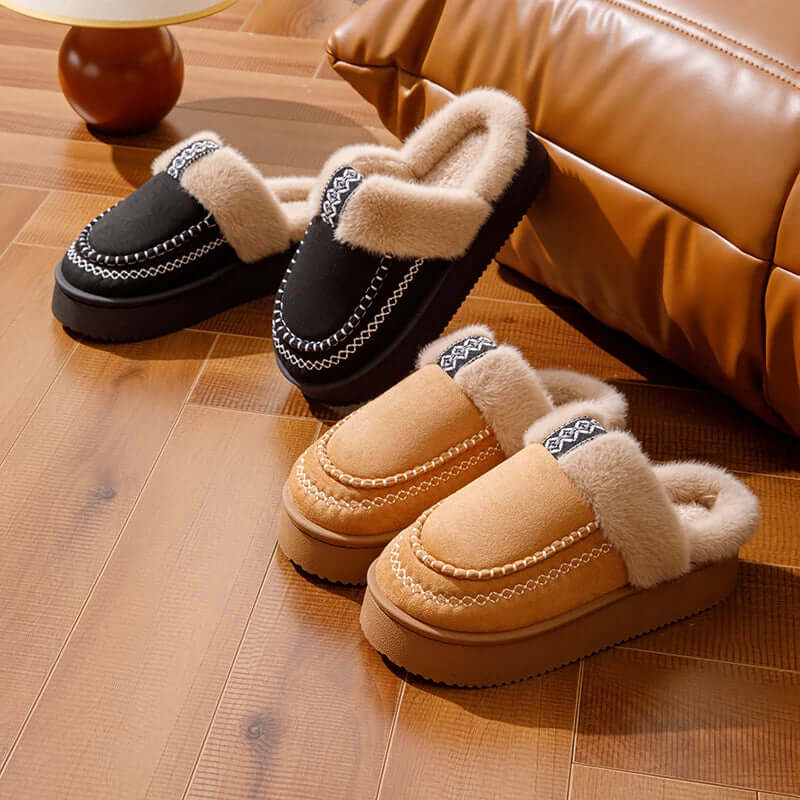 Women's fluffy slippers with a plush band, woven trim and platform sole - view 2