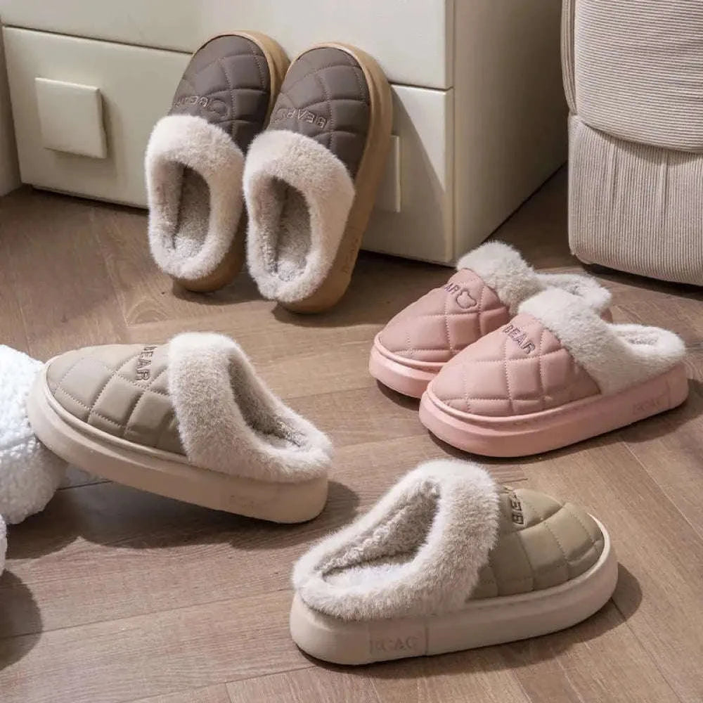 Fluffy slippers with a quilted upper, plush cuff and thick sole - view 3