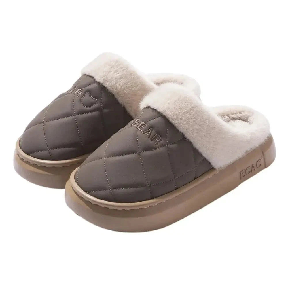 Fluffy slippers with a quilted upper, plush cuff and thick sole - taupe
