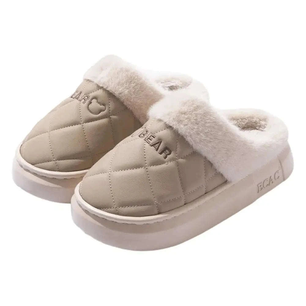 Fluffy slippers with a quilted upper, plush cuff and thick sole - beige