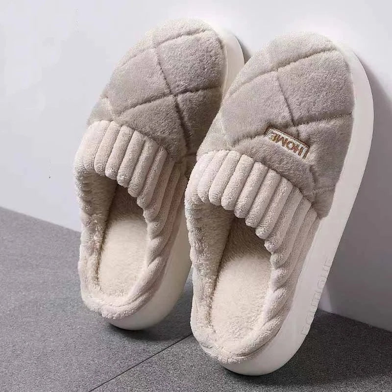 Fluffy slippers for women with quilted plush toe, ribbed cuff, plush lining and thick sole - taupe