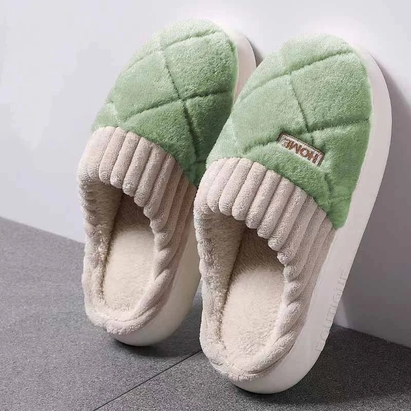 Fluffy slippers for women with quilted plush toe, ribbed cuff, plush lining and thick sole - green/taupe