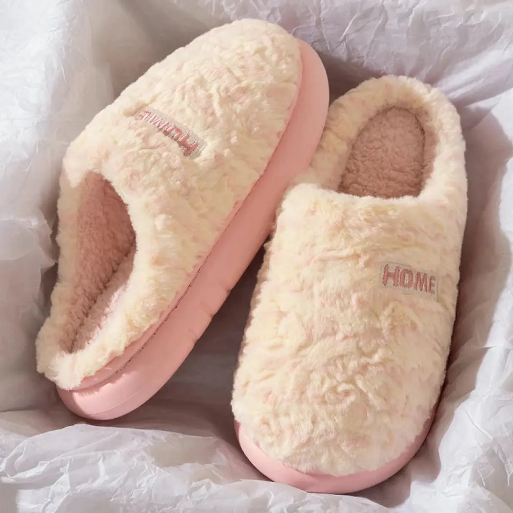 Fluffy slippers in striped plush with soft sole and open heel - pink