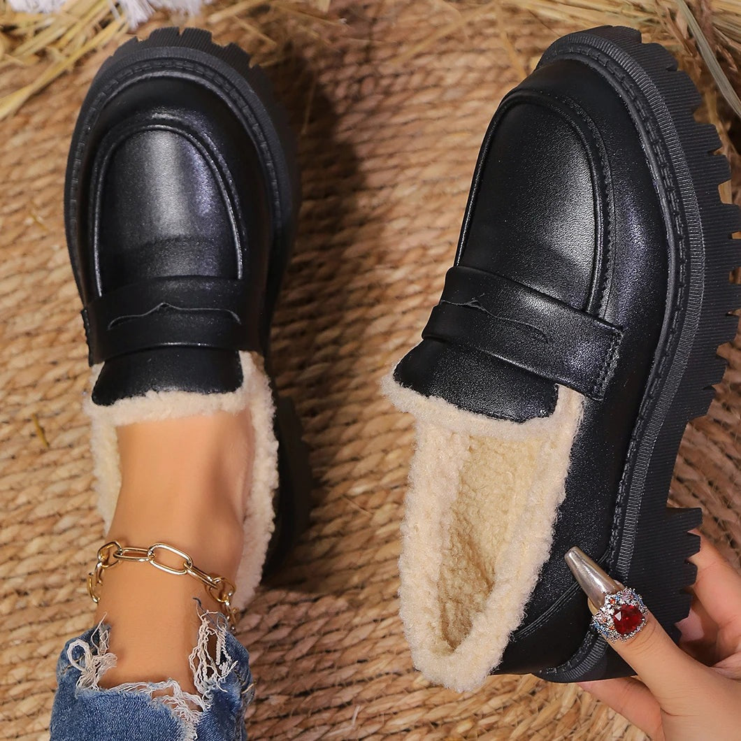 Women's faux fur-lined loafers with a chunky tread sole - plain black