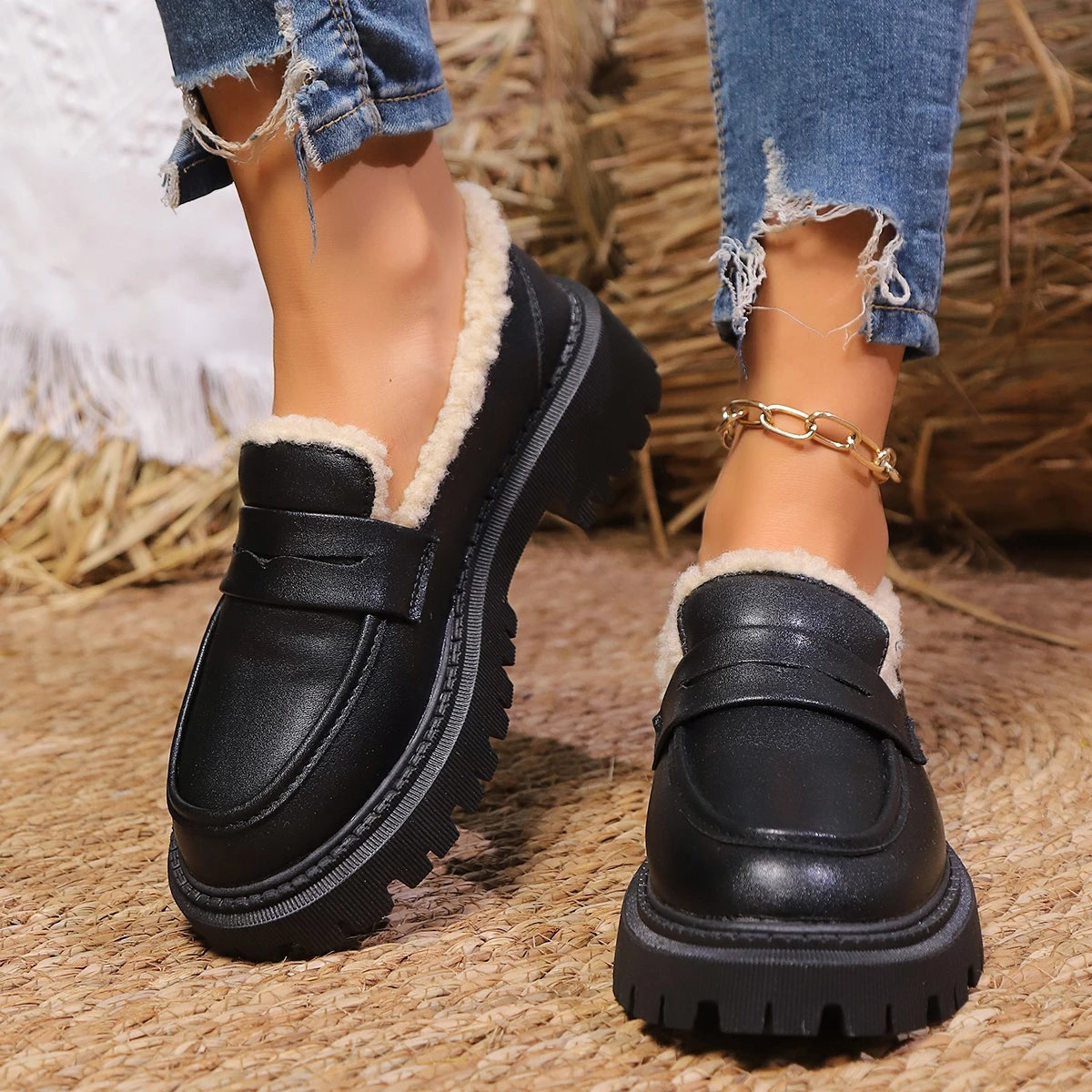 Women's faux fur-lined loafers with a chunky tread sole - view 2