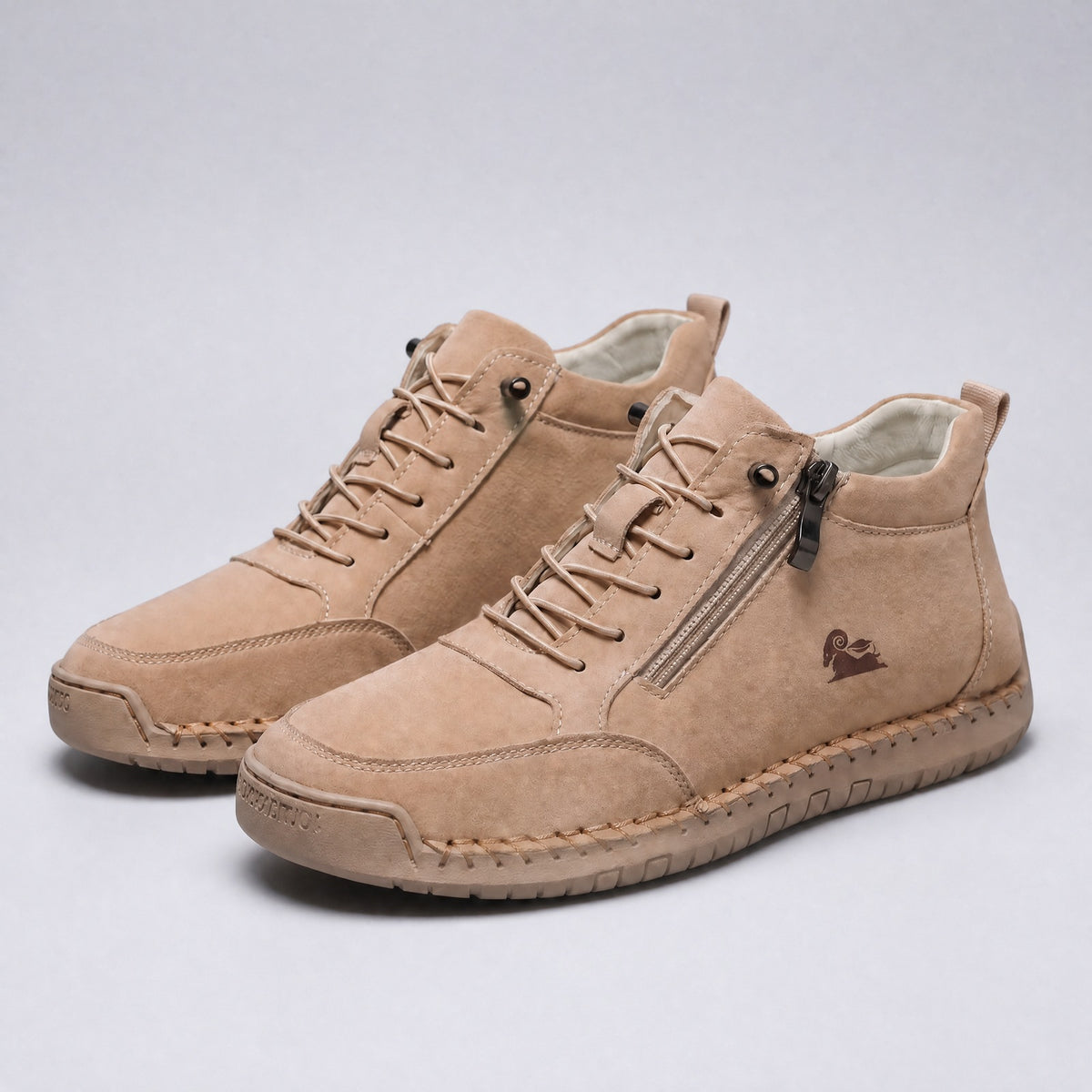 Women's high-top trainers with a side zip, laces and a non-slip sole - beige