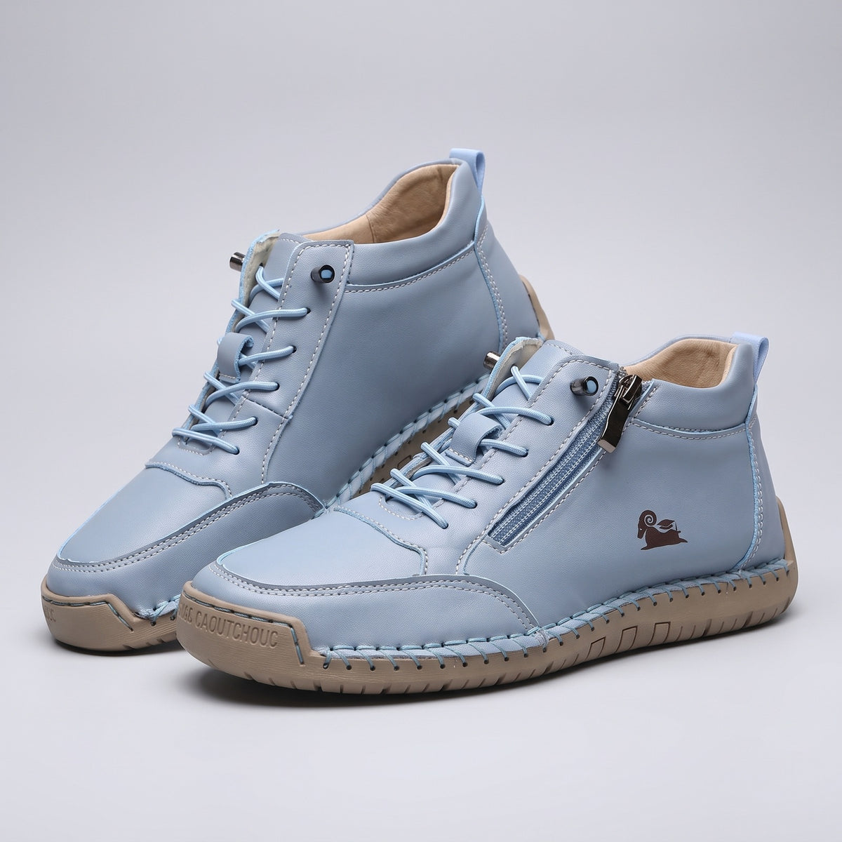 Women's high-top trainers with a side zip, laces and a non-slip sole - light blue