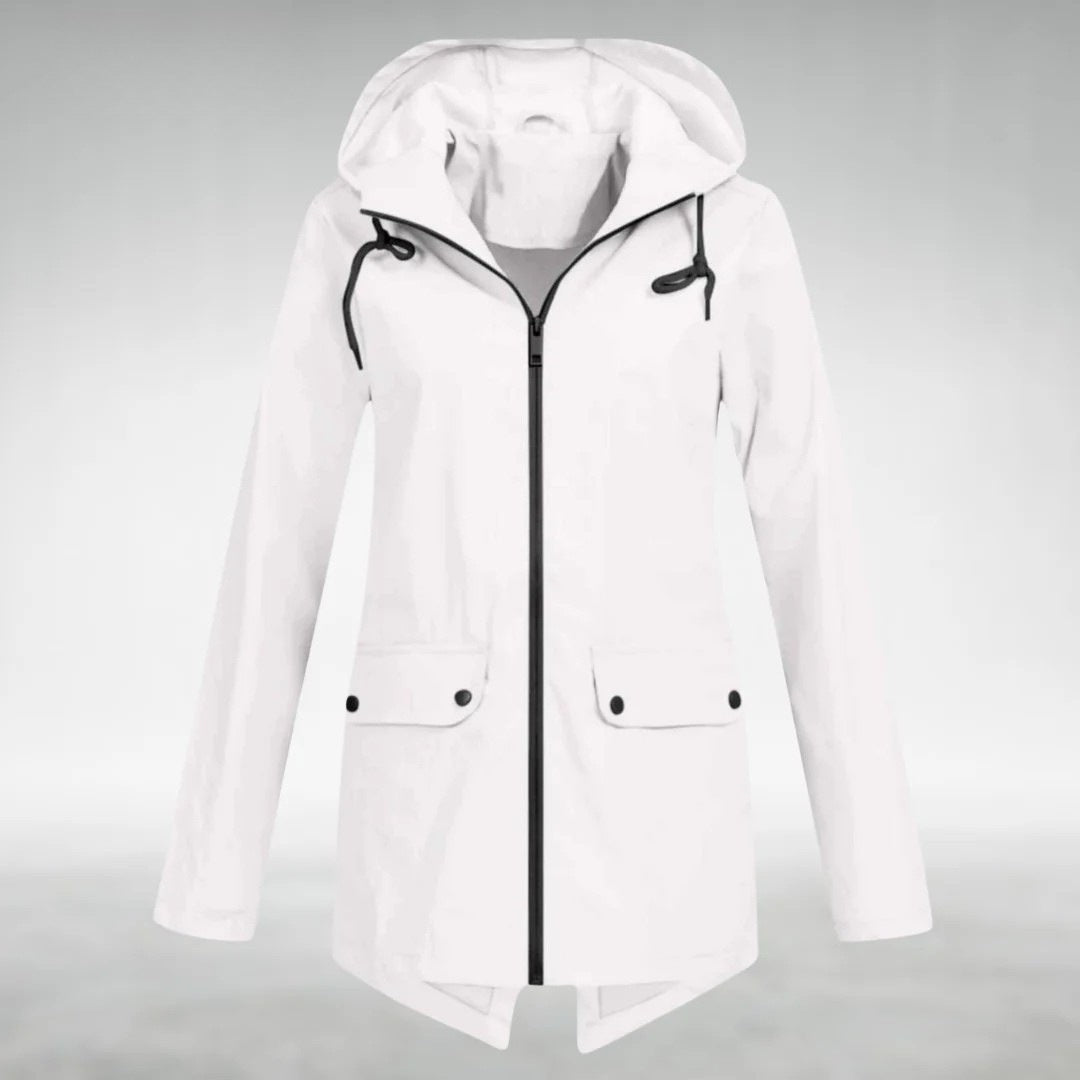 Women's hooded raincoat with flap pockets and a full zip - white