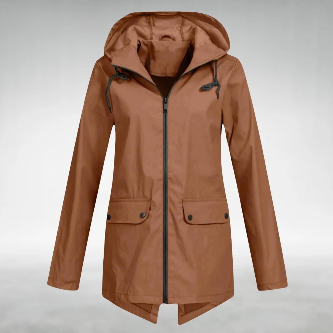 Women's hooded raincoat with flap pockets and a full zip - tan