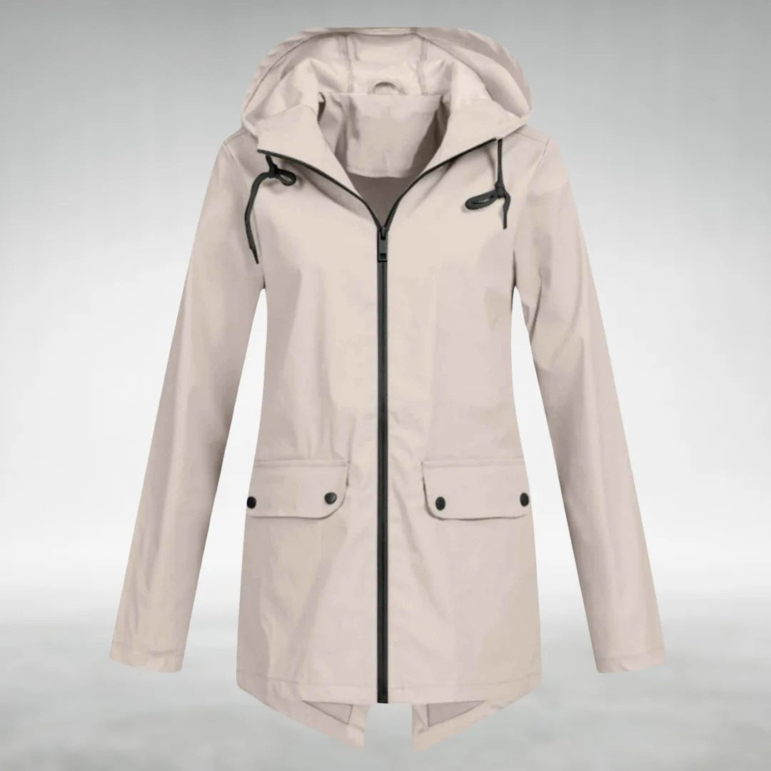 Women's hooded raincoat with flap pockets and a full zip - stone