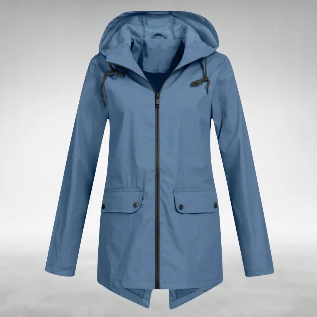 Women's hooded raincoat with flap pockets and a full zip - denim blue