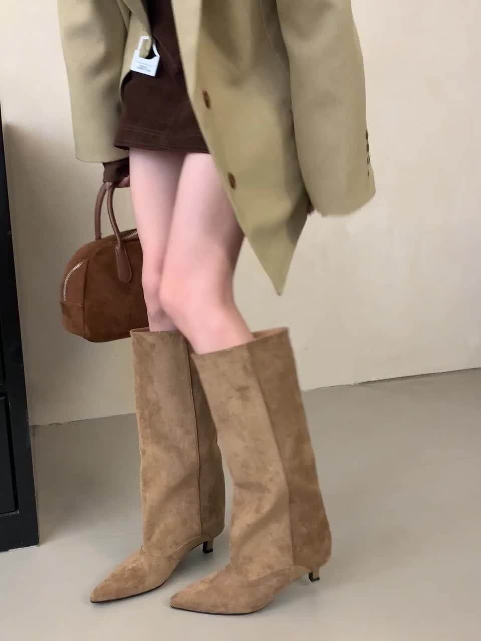 Women's knee-high boots in a suede look with a pointed toe, slim heel and wide shaft - view 10