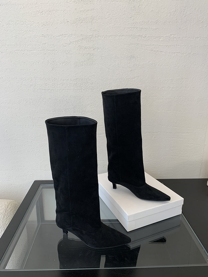 Women's knee-high boots in a suede look with a pointed toe, slim heel and wide shaft - view 16