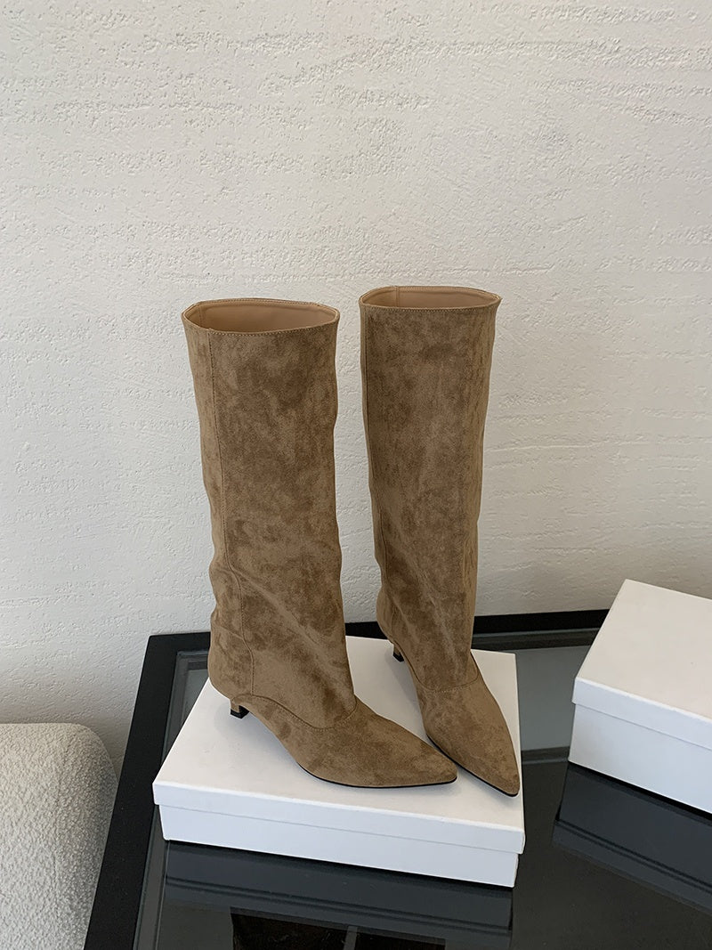 Women's knee-high boots in a suede look with a pointed toe, slim heel and wide shaft - view 17