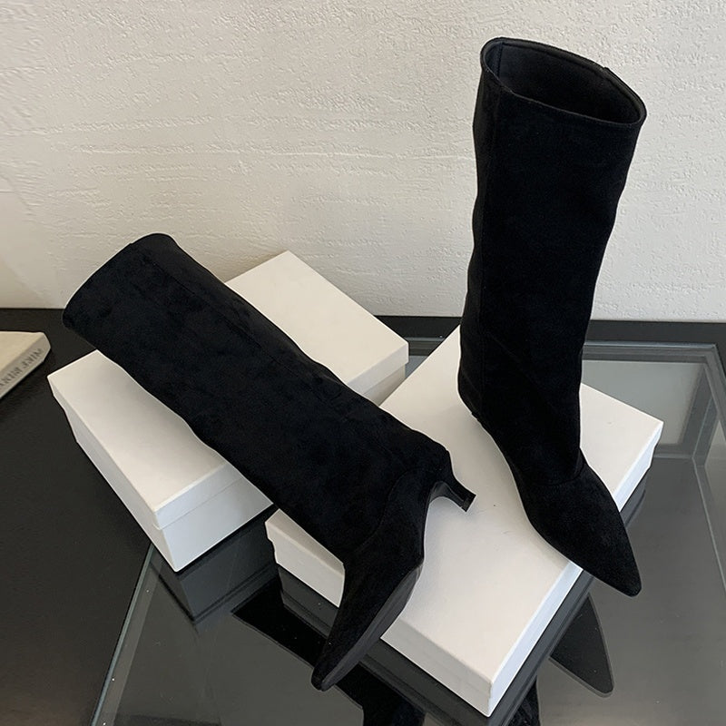 Women's knee-high boots in a suede look with a pointed toe, slim heel and wide shaft - view 4