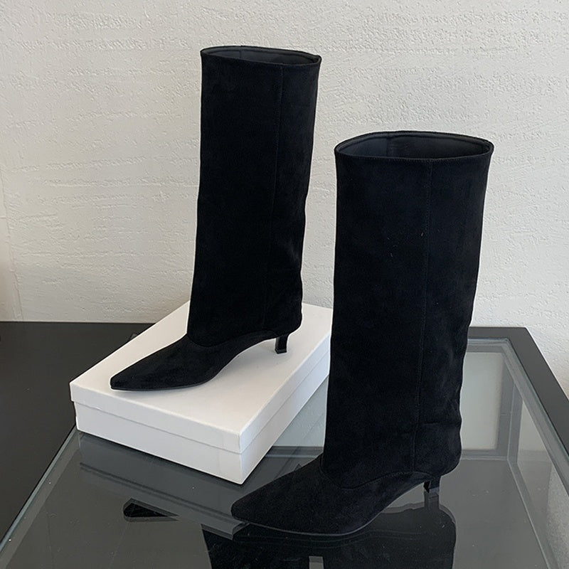 Women's knee-high boots in a suede look with a pointed toe, slim heel and wide shaft - view 5