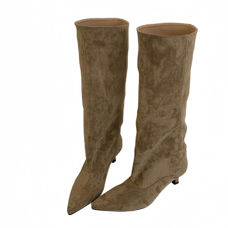 Women's knee-high boots in a suede look with a pointed toe, slim heel and wide shaft - view 8