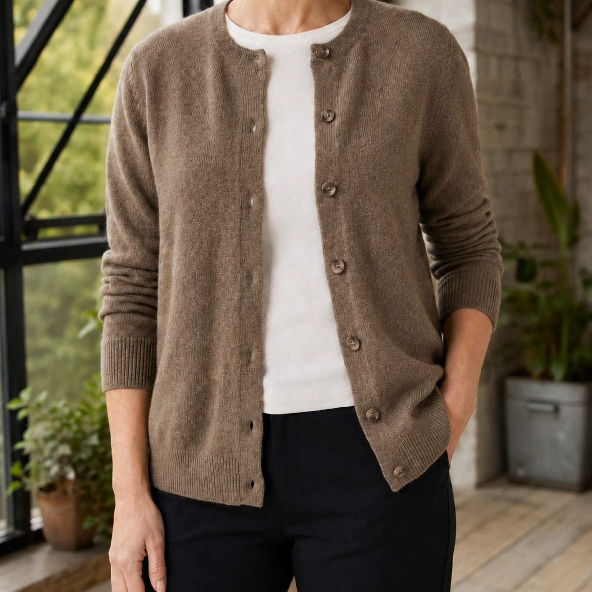 Women's knitted cardigan with a round neck and full button front - brown