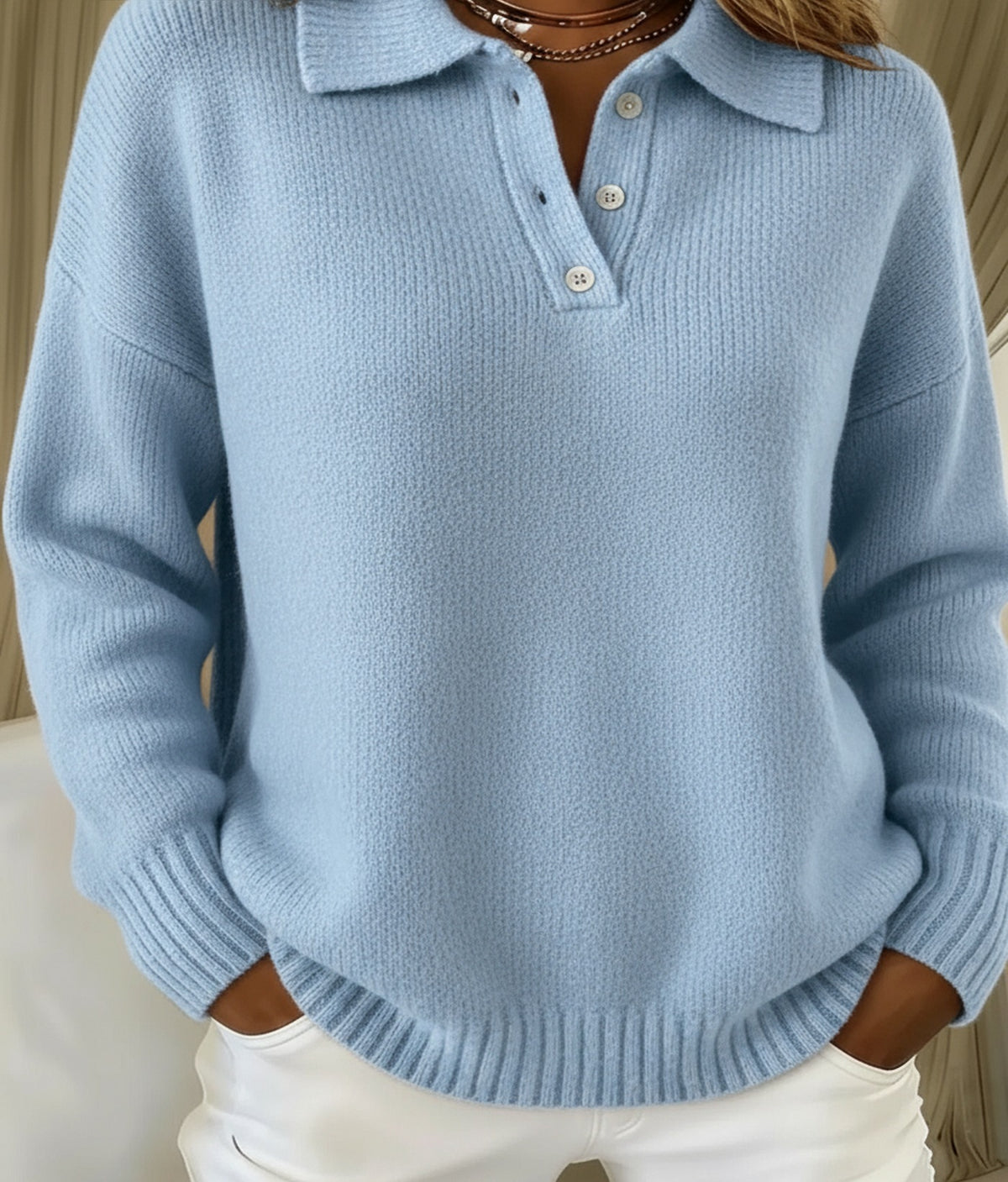 Women's knitted jumper with a polo collar and buttons - light blue