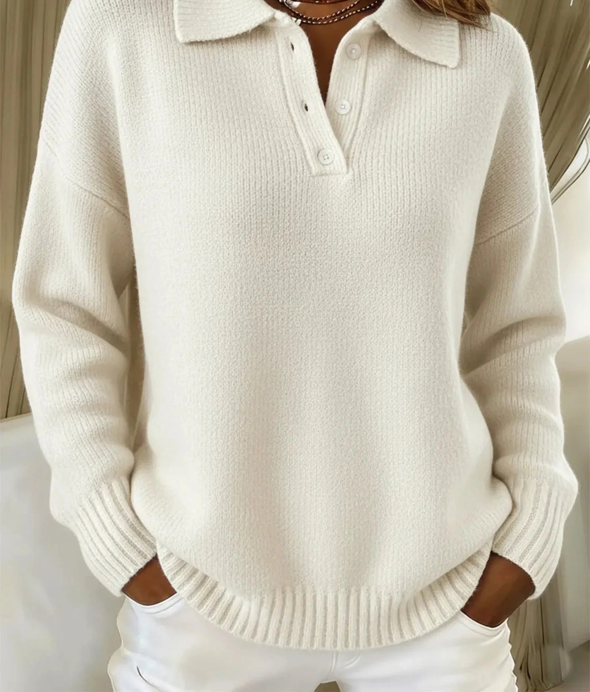 Women's knitted jumper with a polo collar and buttons - off white
