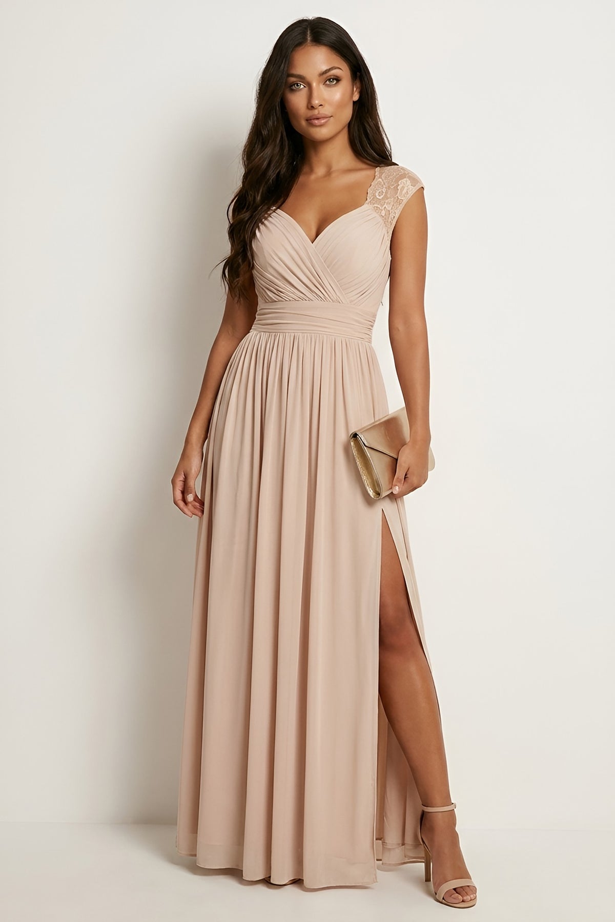 Women's lace sleeve maxi dress in champagne with thigh split