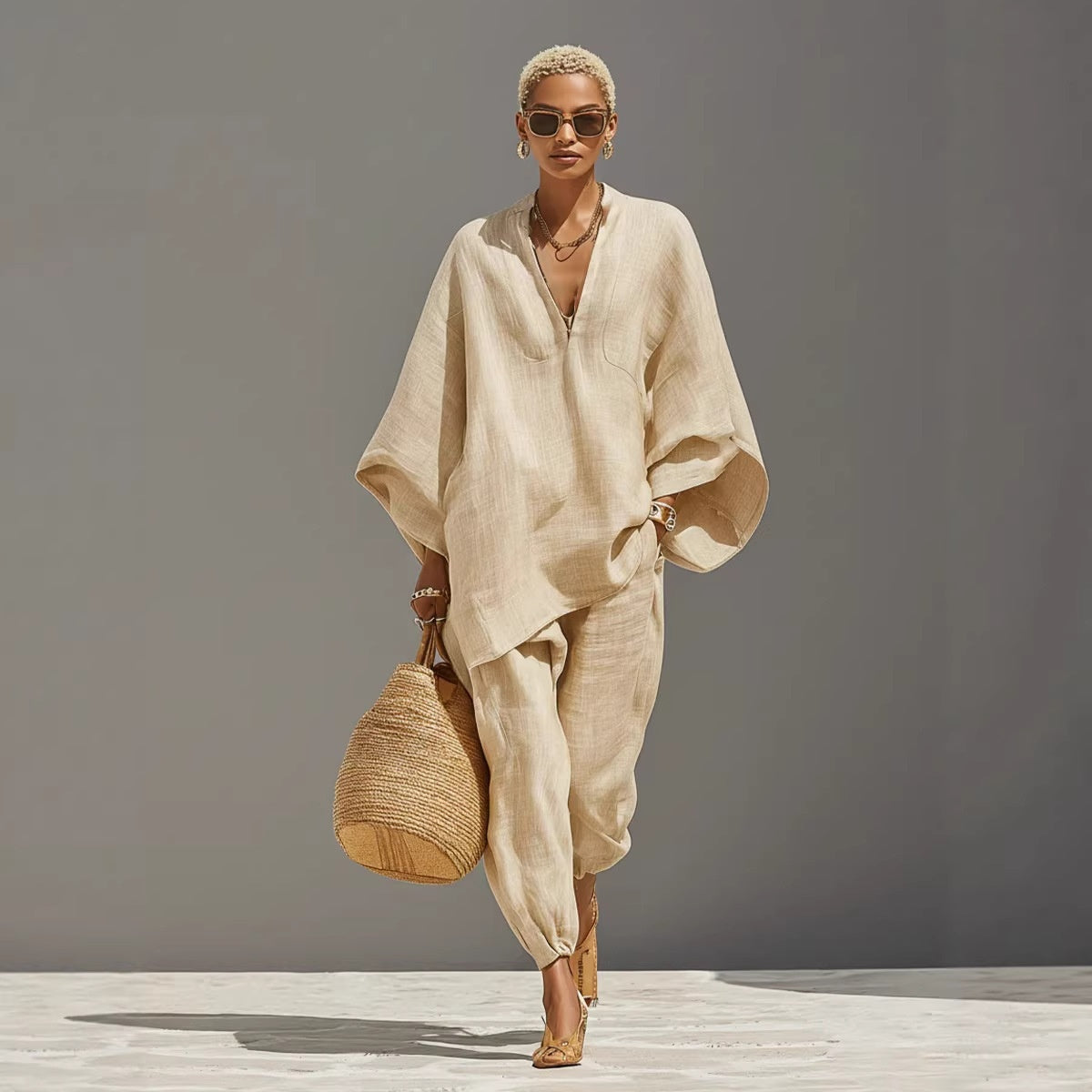 Women's linen look co-ord set with a batwing V-neck top and trousers - cream