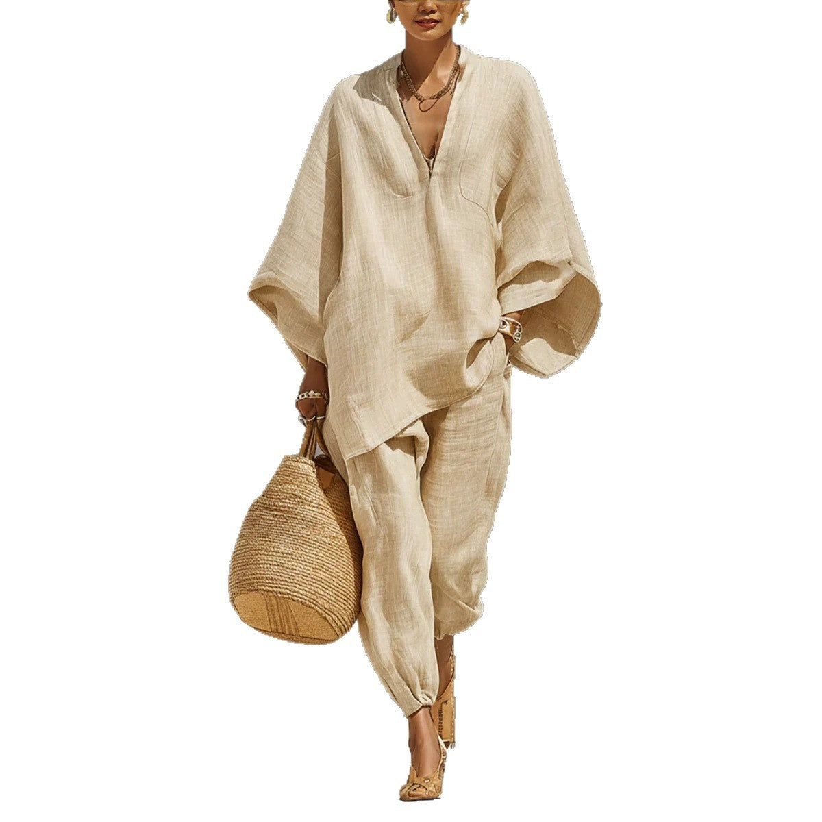 Women's linen look co-ord set with a batwing V-neck top and trousers - cream