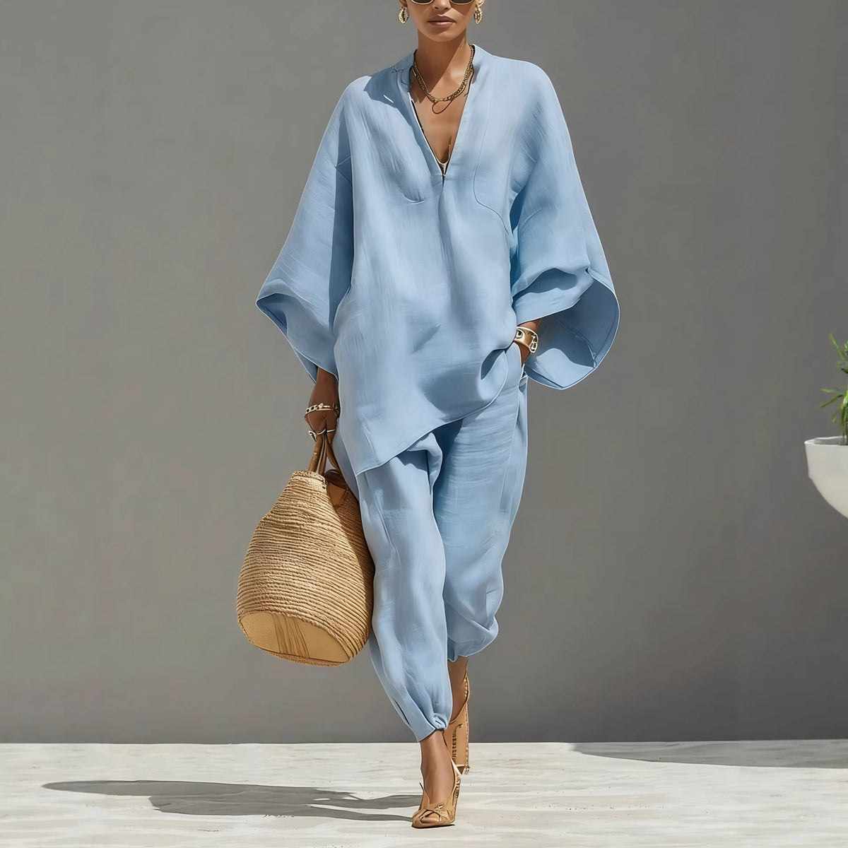 Women's linen look co-ord set with a batwing V-neck top and trousers - light blue