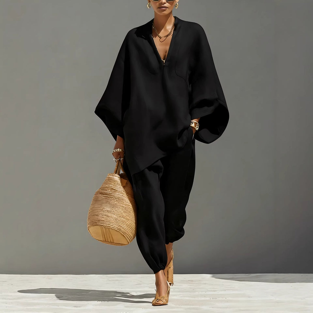 Women's linen look co-ord set with a batwing V-neck top and trousers - black