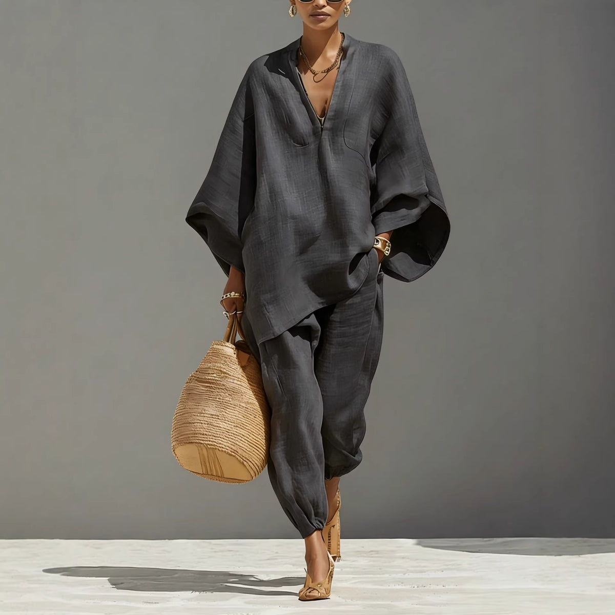 Women's linen look co-ord set with a batwing V-neck top and trousers - charcoal