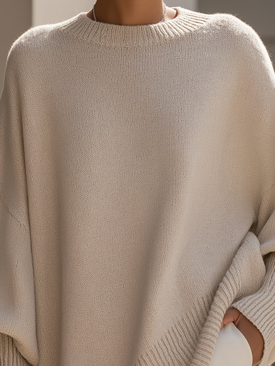 Women's longline oversized jumper with wide sleeves and a ribbed neck, cuffs and hem - beige