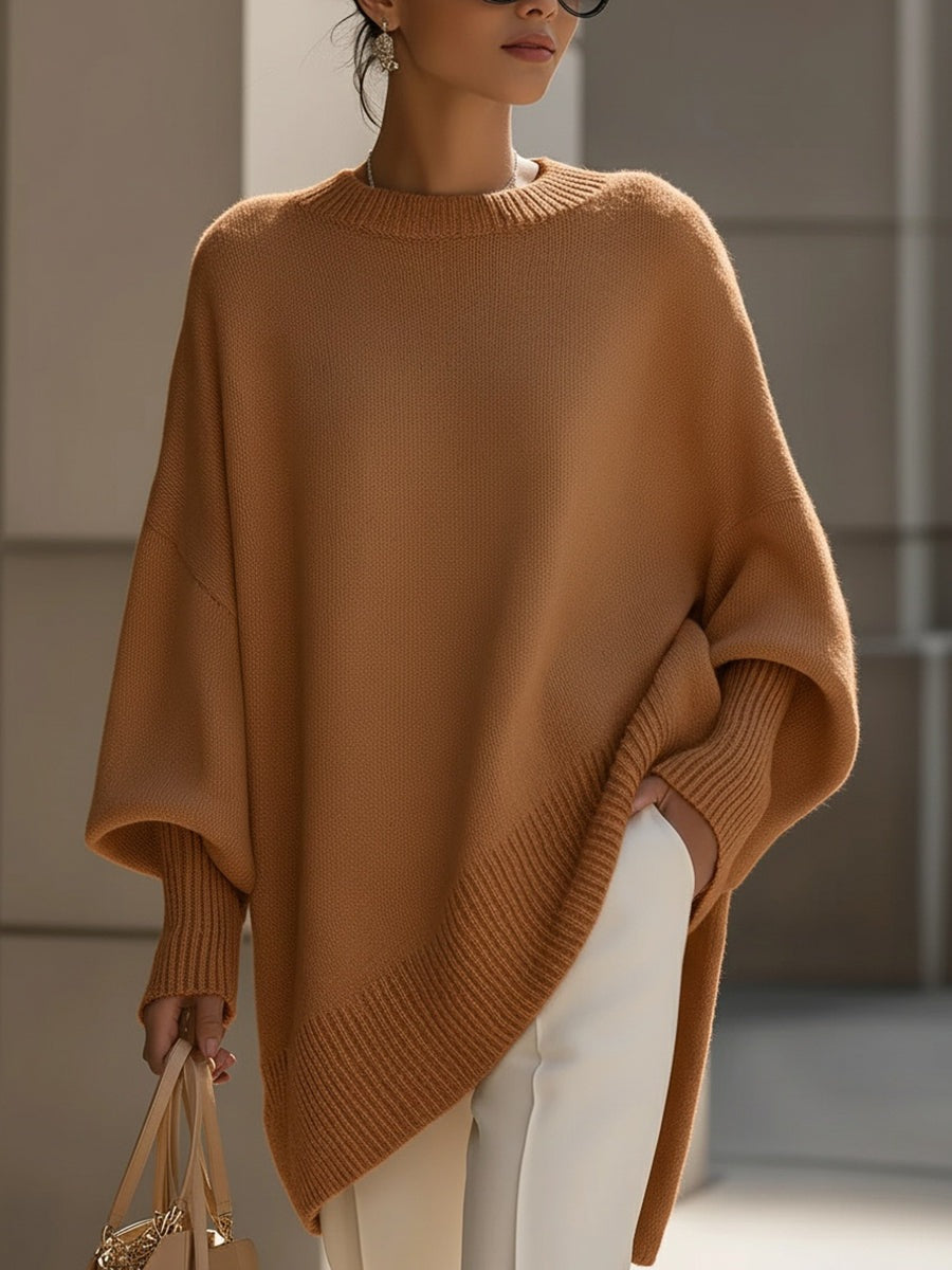 Women's longline oversized jumper with wide sleeves and a ribbed neck, cuffs and hem - camel