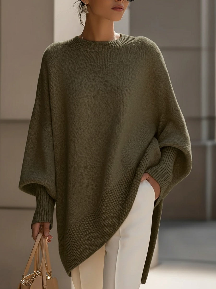 Women's longline oversized jumper with wide sleeves and a ribbed neck, cuffs and hem - olive